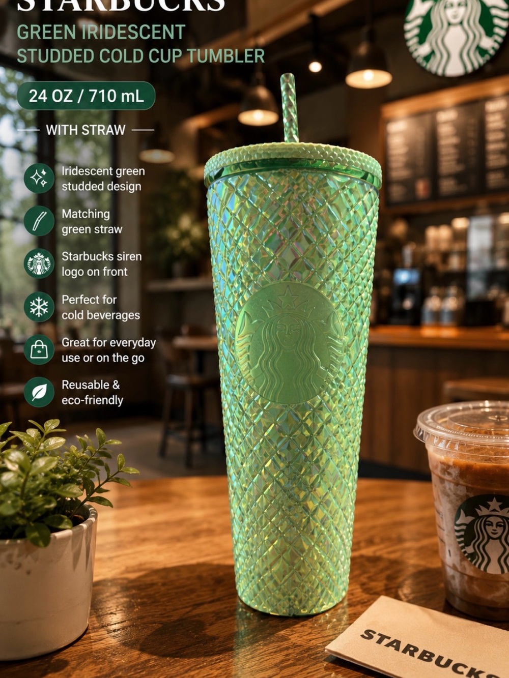 Starbucks Green Iridescent Studded Cold Cup Tumbler 24oz with Straw